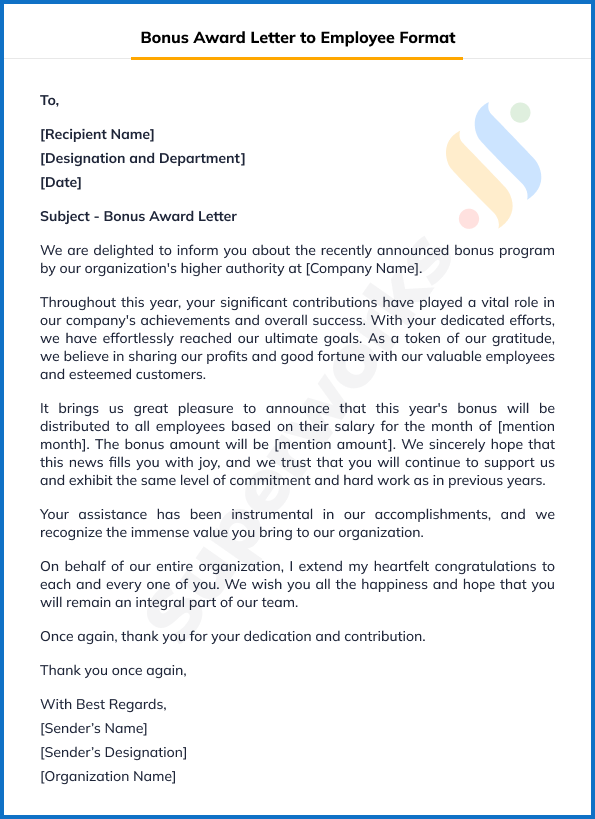 Bonus Award Letter to Employee Format