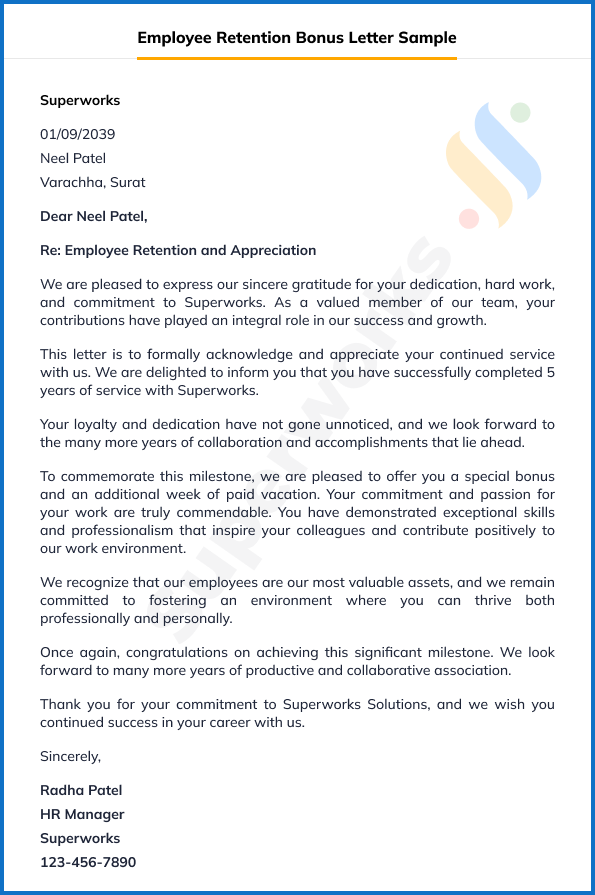 Employee Retention Bonus Letter Sample