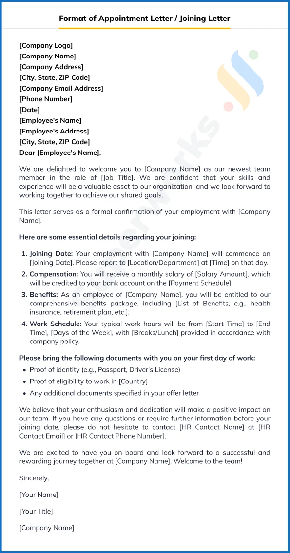 Format of Appointment Letter - Joining Letter