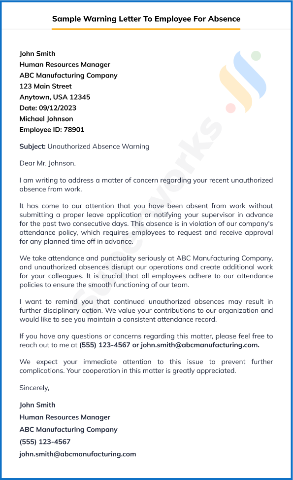 Sample Warning Letter To Employee For Absence
