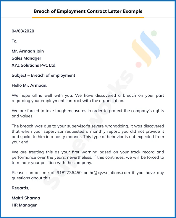 Breach of Employment Contract Letter Example
