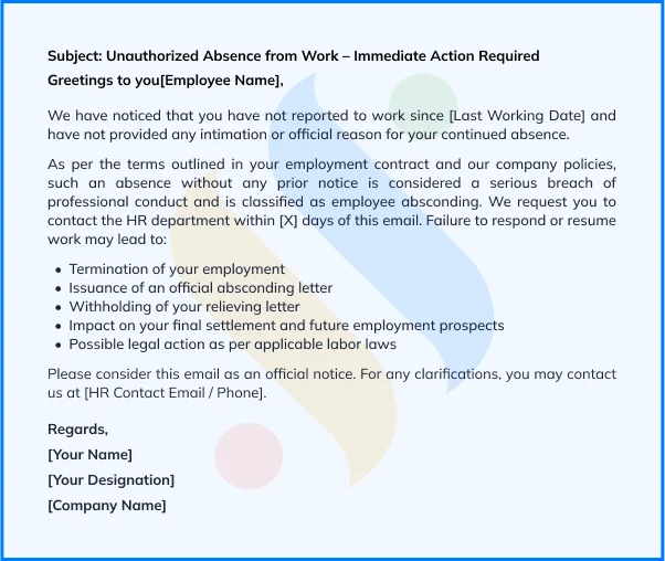 Sample Absconding Mail to Employee