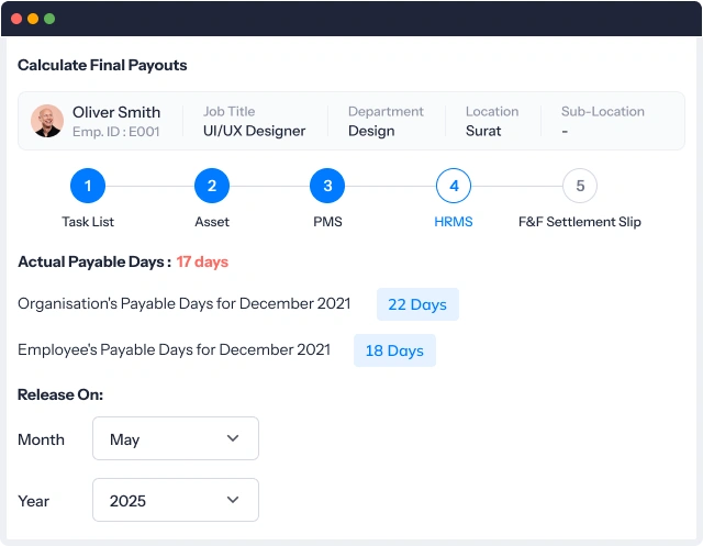calculate final payouts on HRMS