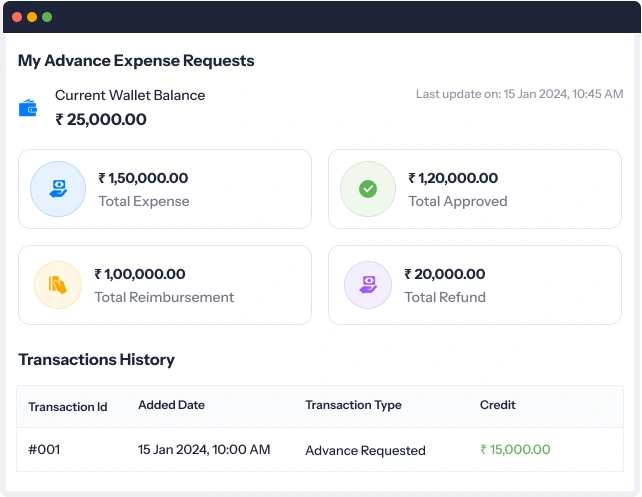 Reimbursement wallet showing balance, expenses, and transaction history