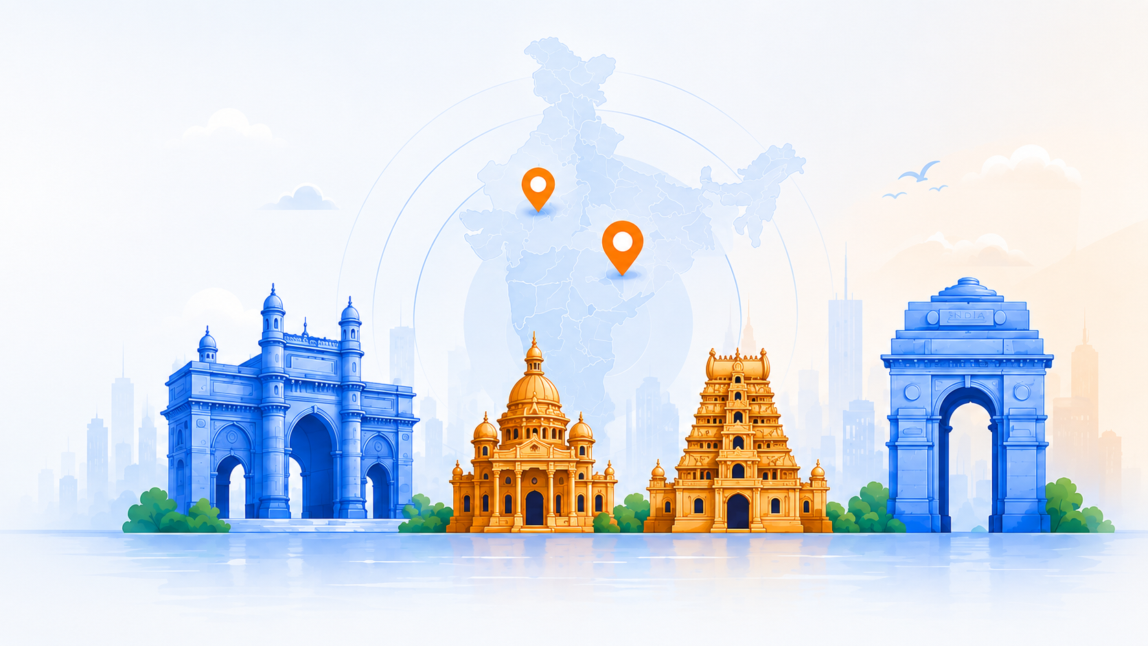Map of India with location pins and the Gateway of India, temple gopurams and India Gate