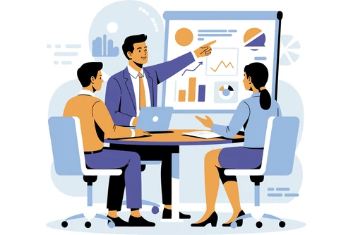 A manager presenting workforce reports to two colleagues, with HR metrics from across the business on one screen
